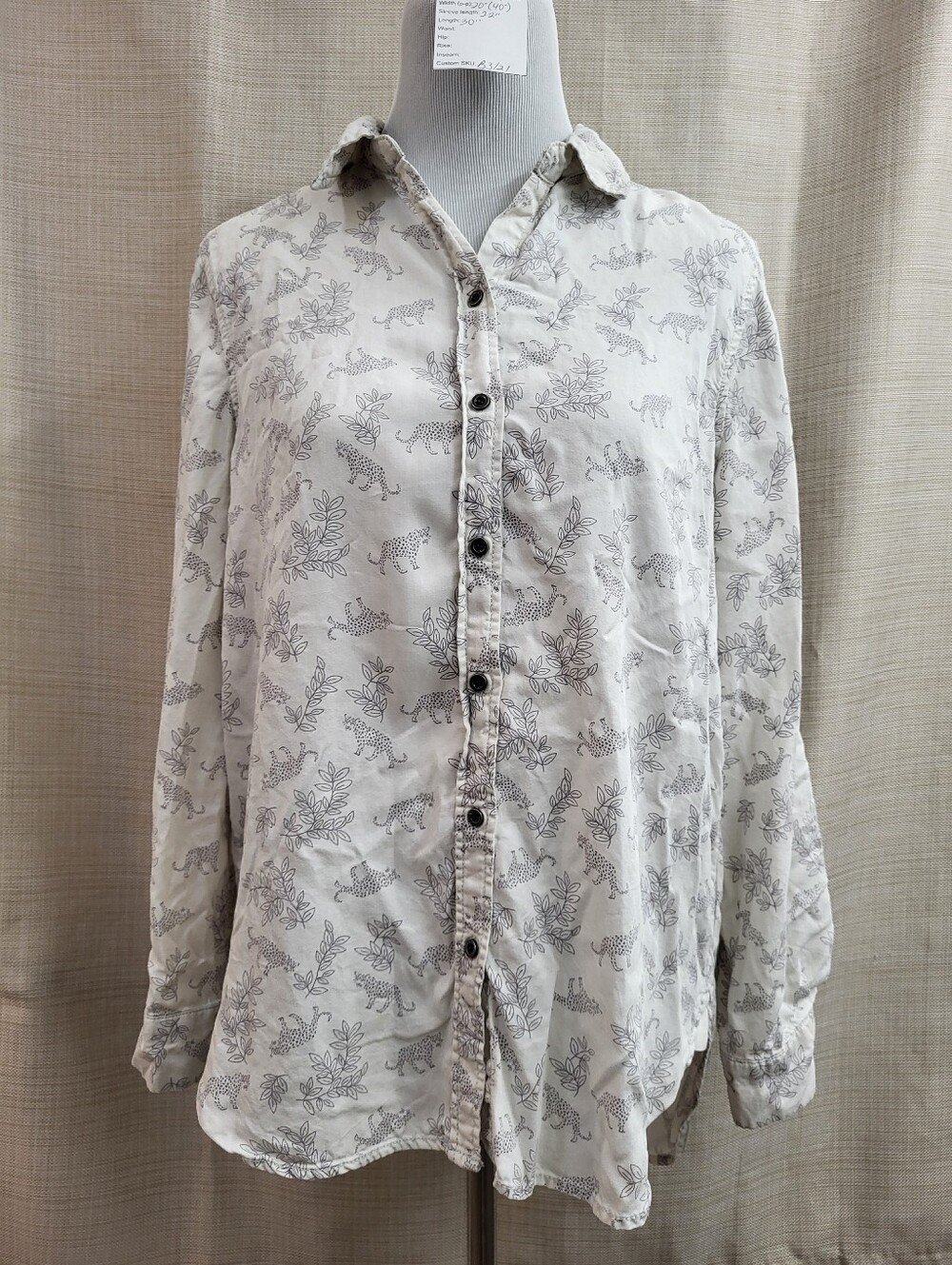 Jane + Delancy Women's White Gray Button Up Long Roll Tab Sleeve Blouse Size Med
